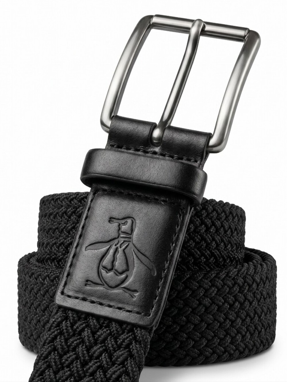 Original Penguin Black Stretch Woven Belt Wirh Leather Trim